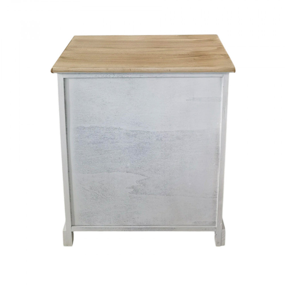 Retro del mobiletto shabby chic, caratterizzato da una finitura bianca uniforme e struttura solida.