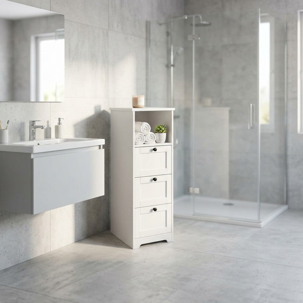 Vista laterale del mobiletto Aldous inserito in un elegante bagno con box doccia in vetro e rivestimenti in pietra grigia.