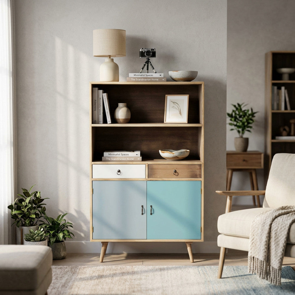 Mobiletto Barrie in legno MDF inserito in un luminoso soggiorno dal design scandinavo, decorato con libri e vasi in ceramica.