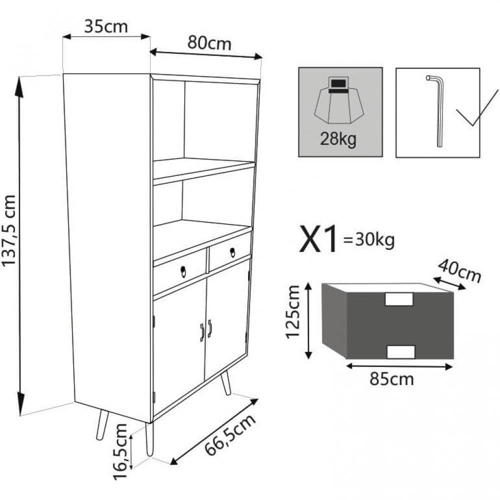 Schema tecnico del mobiletto Barrie con quote dimensionali dettagliate: altezza 137,5 cm, larghezza 80 cm e profondità 35 cm.