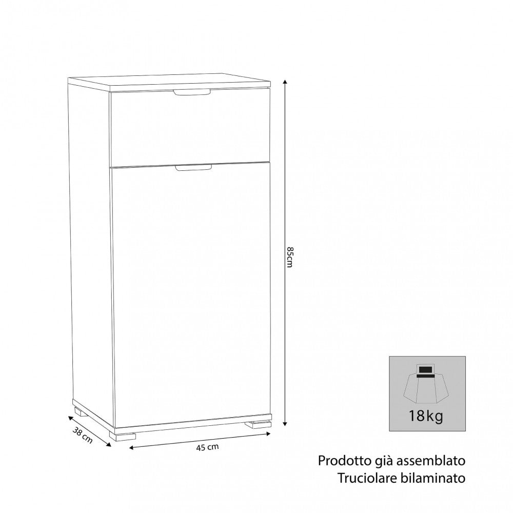 Disegno tecnico del mobiletto bianco con dimensioni: 45 cm di larghezza, 38 cm di profondità e 85 cm di altezza.