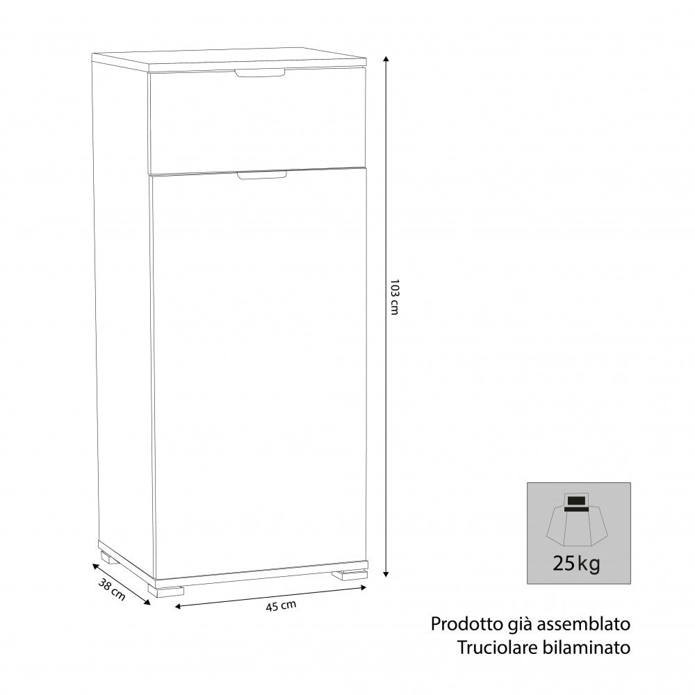 Disegno tecnico del mobiletto MR805008 con dimensioni 45x38x103 cm, peso 25 kg e indicazione di prodotto già assemblato.