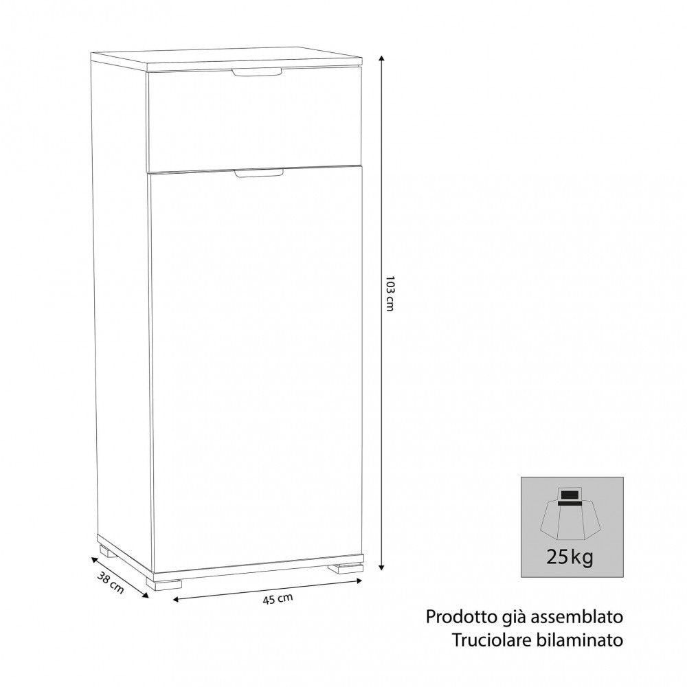 Disegno tecnico del mobiletto con dimensioni 45x38x103 cm e indicazione del peso di 25 kg.