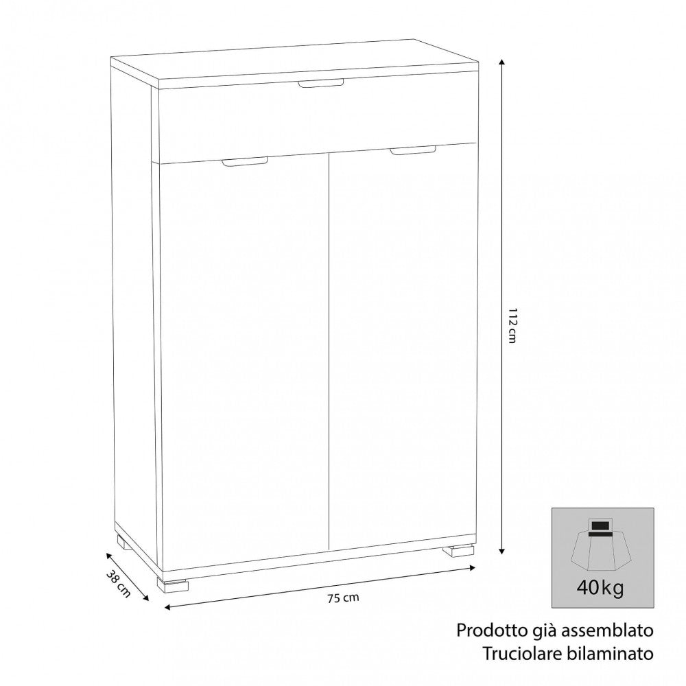 Disegno tecnico del mobiletto bianco con dimensioni 75x38x112 cm e indicazione di prodotto assemblato.