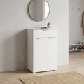 Mobiletto MR805033 in truciolare bilaminato bianco, ambientato in un ingresso moderno con specchio circolare.