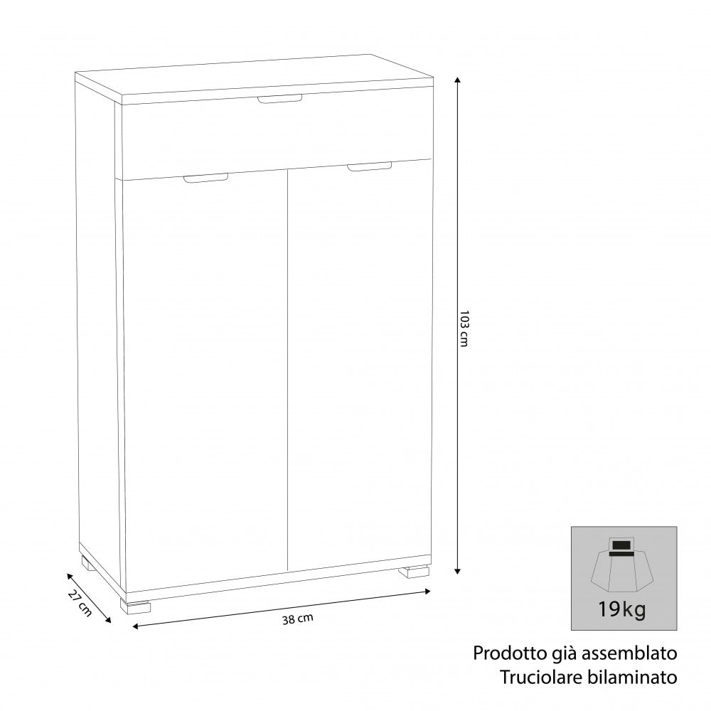 Disegno tecnico del mobiletto MR805033 con dimensioni 38x27x103 cm, peso 19kg e indicazione di prodotto già assemblato.