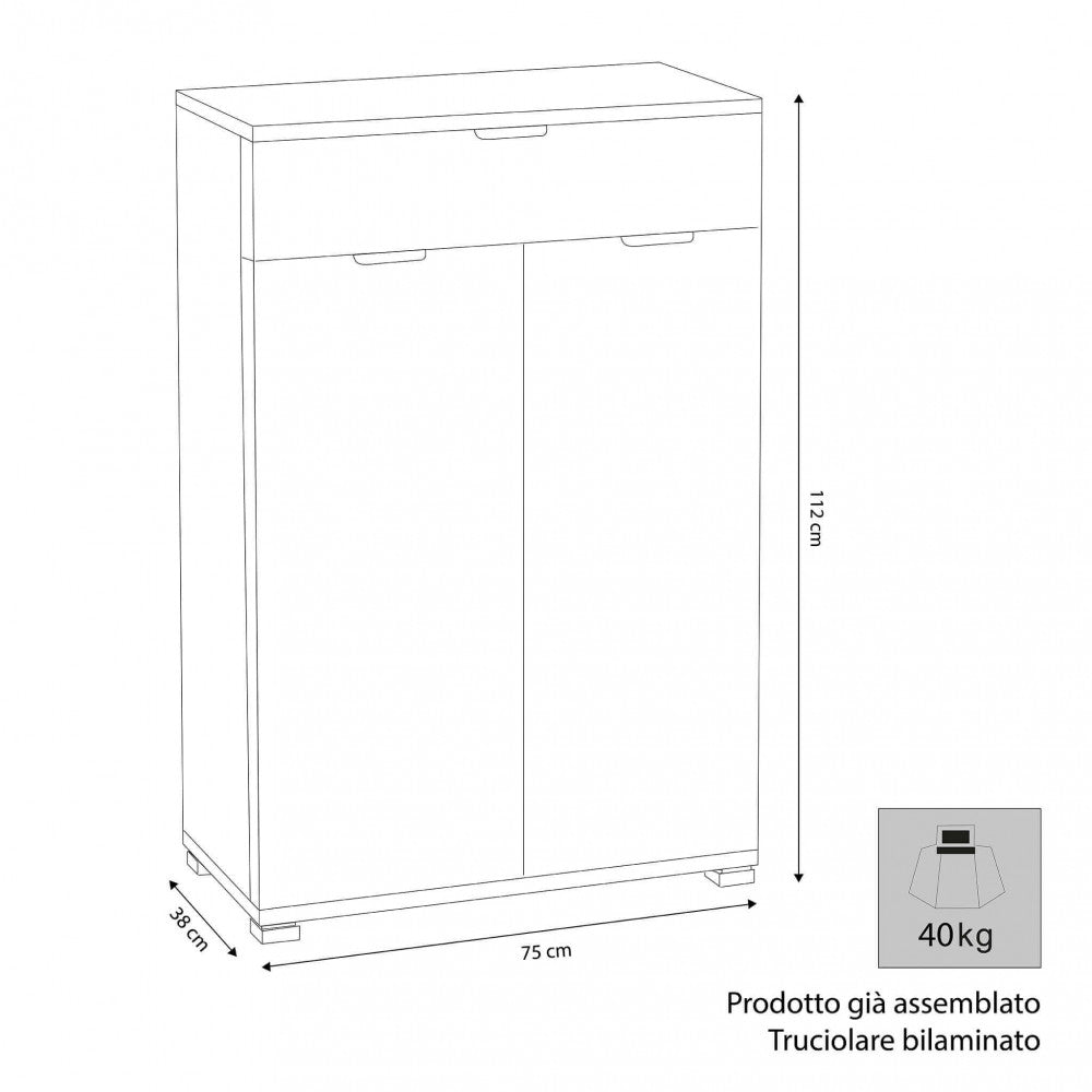 Disegno tecnico del mobiletto con dimensioni 75x38x112 cm e indicazione di prodotto già assemblato.