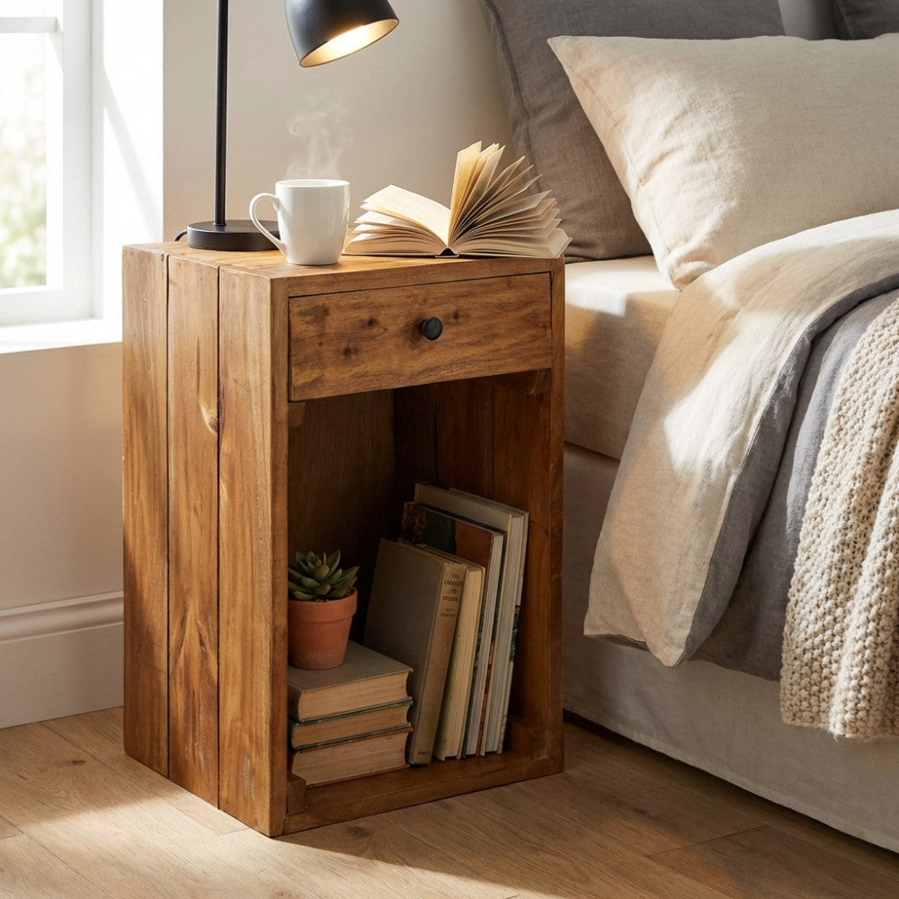 Comodino Crofton in legno riciclato marrone posizionato accanto a un letto con libri e tazza fumante.