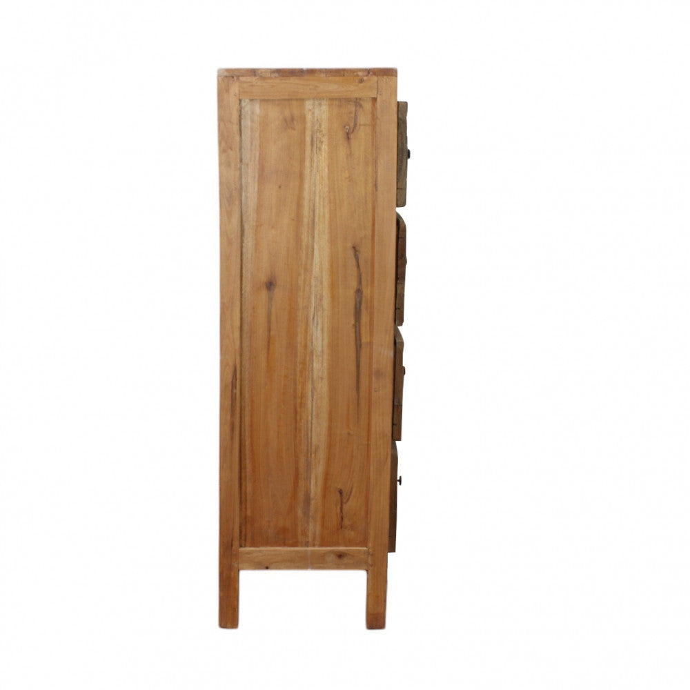 Profilo laterale destro del mobiletto in legno marrone, con venature naturali visibili sulla superficie.