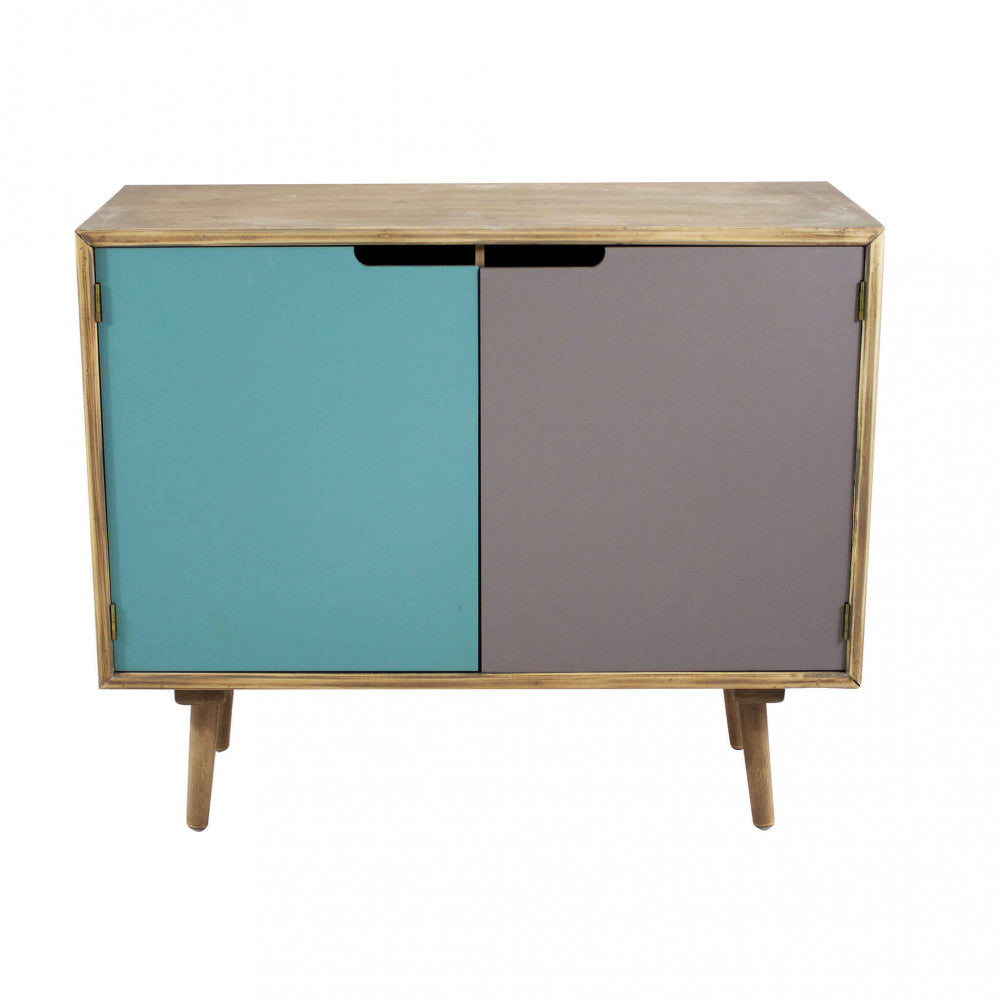 Vista frontale della credenza Niagara a porte chiuse su sfondo bianco, che mostra la simmetria perfetta dei pannelli multicolor e i piedini affusolati.