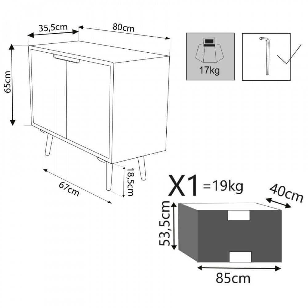 Disegno tecnico della credenza Niagara con quote dimensionali dettagliate, indicando 80 cm di larghezza, 35.5 cm di profondità e 65 cm di altezza.