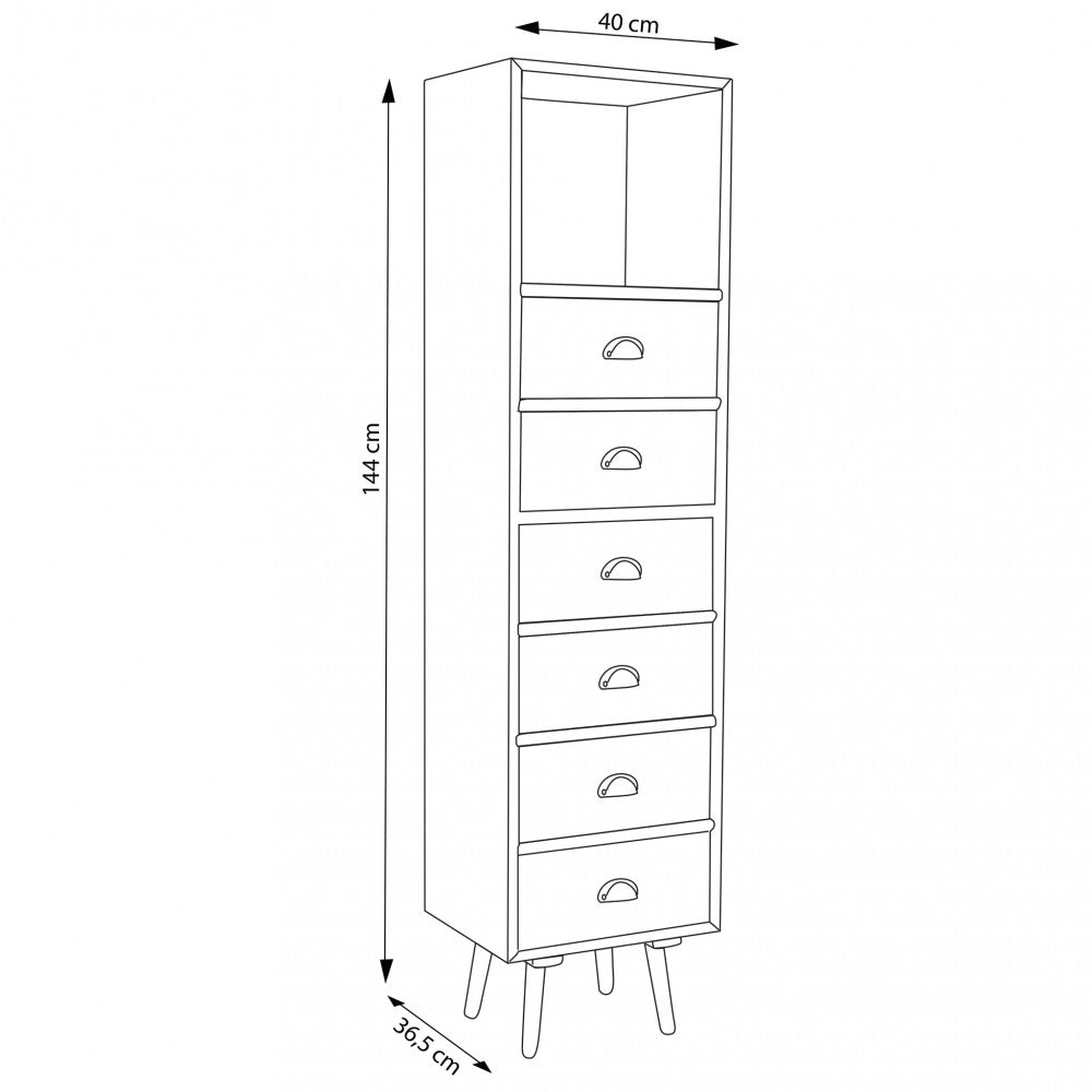Disegno tecnico della cassettiera con dimensioni esatte: altezza 144 cm, larghezza 40 cm, profondità 36,5 cm.