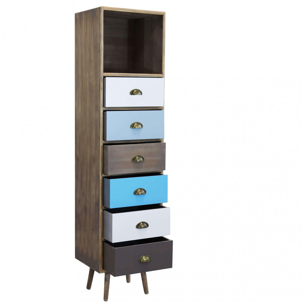 Vista angolare della cassettiera con cassetti multicolore sfalsati per mostrare la profondità strutturale.