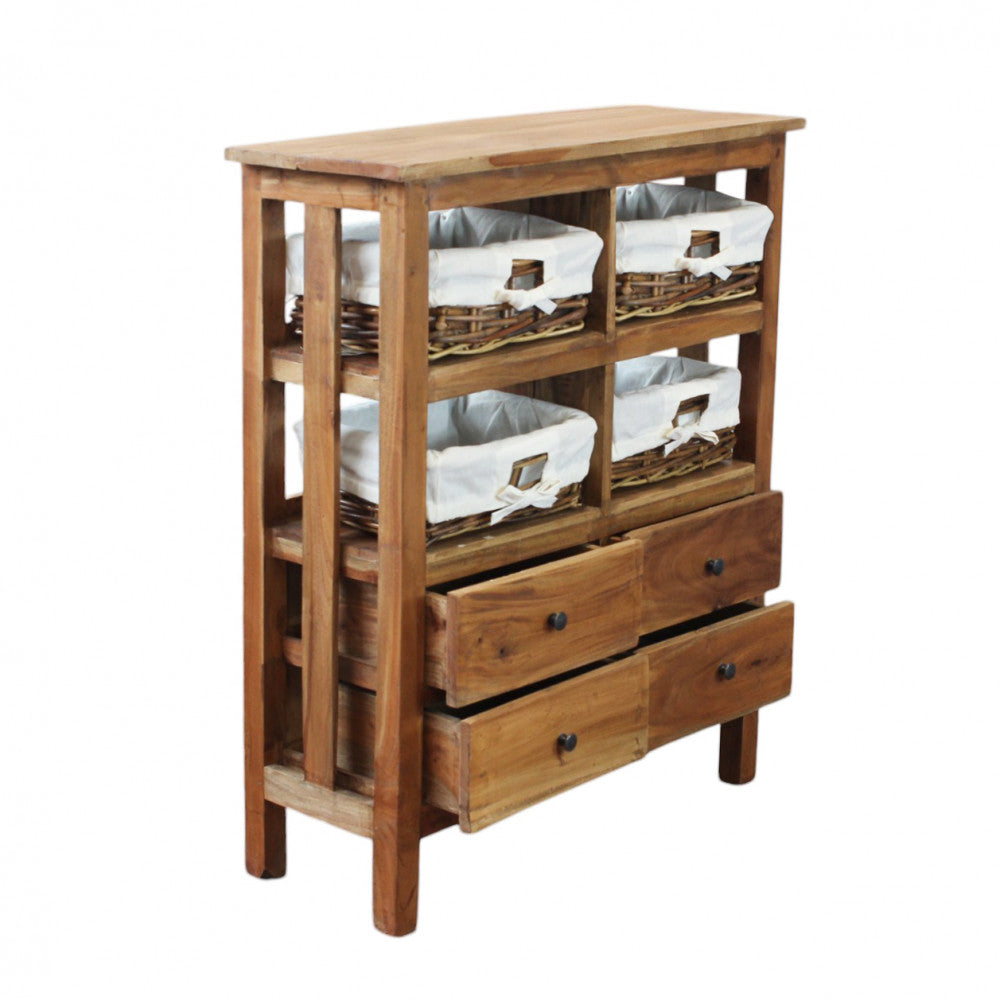 Prospettiva laterale della credenza con cassetti aperti, che rivela la profondità e la capienza dei vani interni.