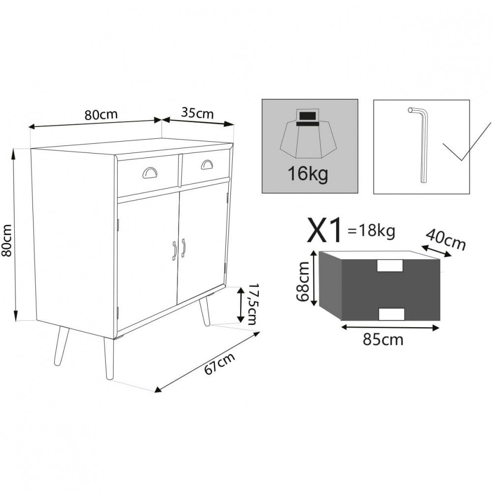 Schema tecnico della cassettiera Surrey con dimensioni dettagliate: 80 cm di larghezza, 35 cm di profondità e 80 cm di altezza.