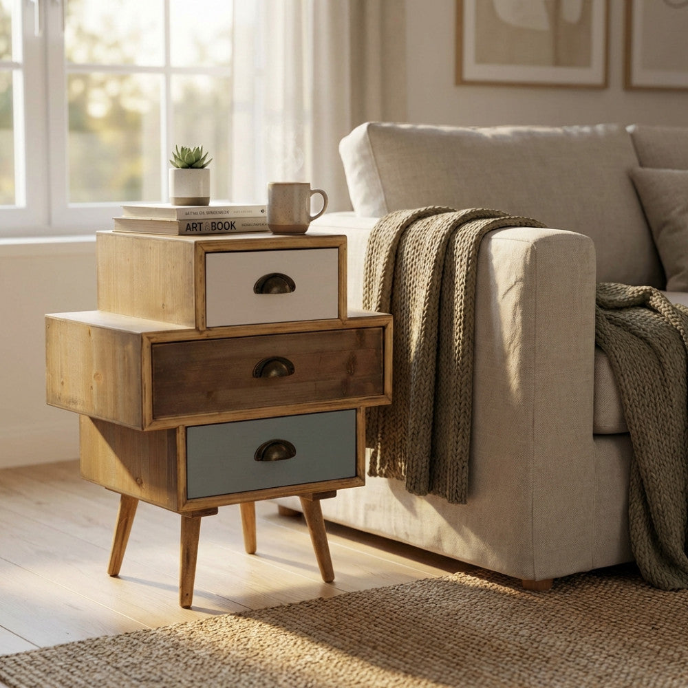 Cassettiera Victoria in legno MDF multicolor ambientata in un salotto luminoso accanto a un divano beige.