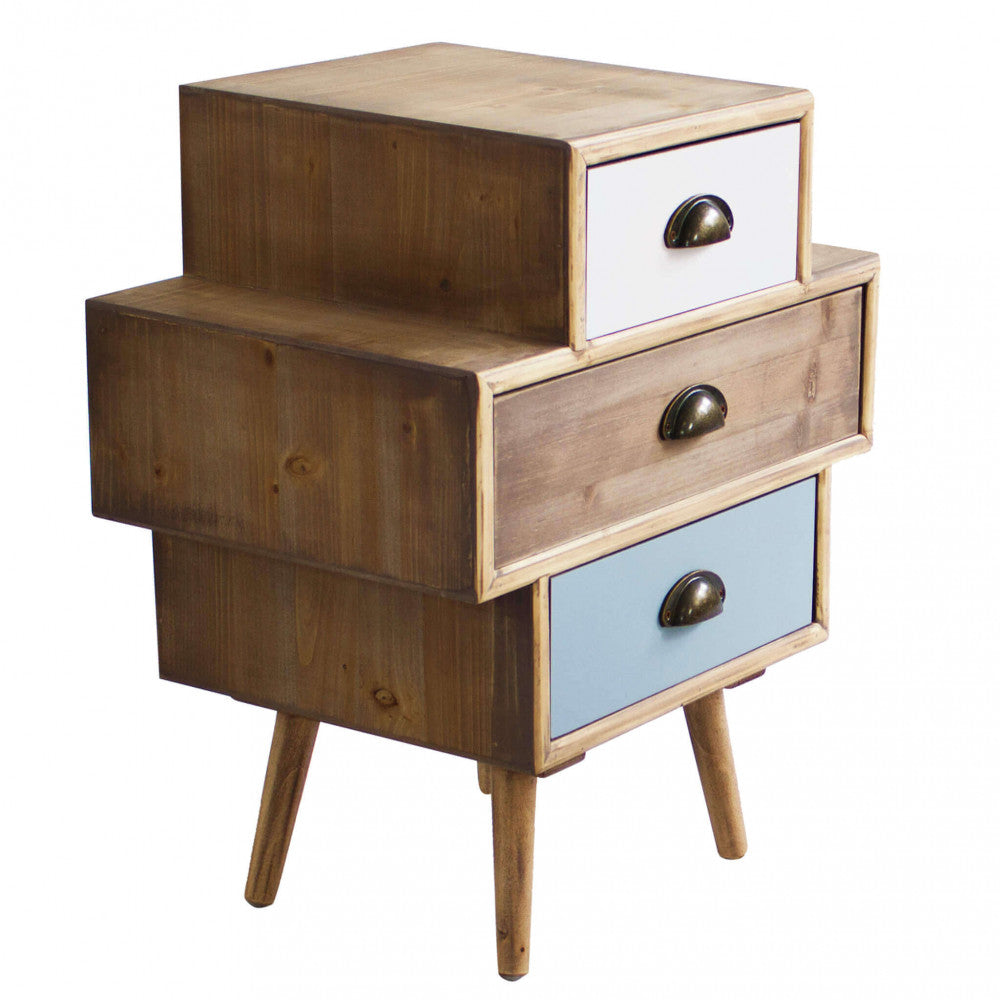 Vista frontale della cassettiera Victoria con tre cassetti sfalsati nei colori bianco legno naturale e azzurro polvere.