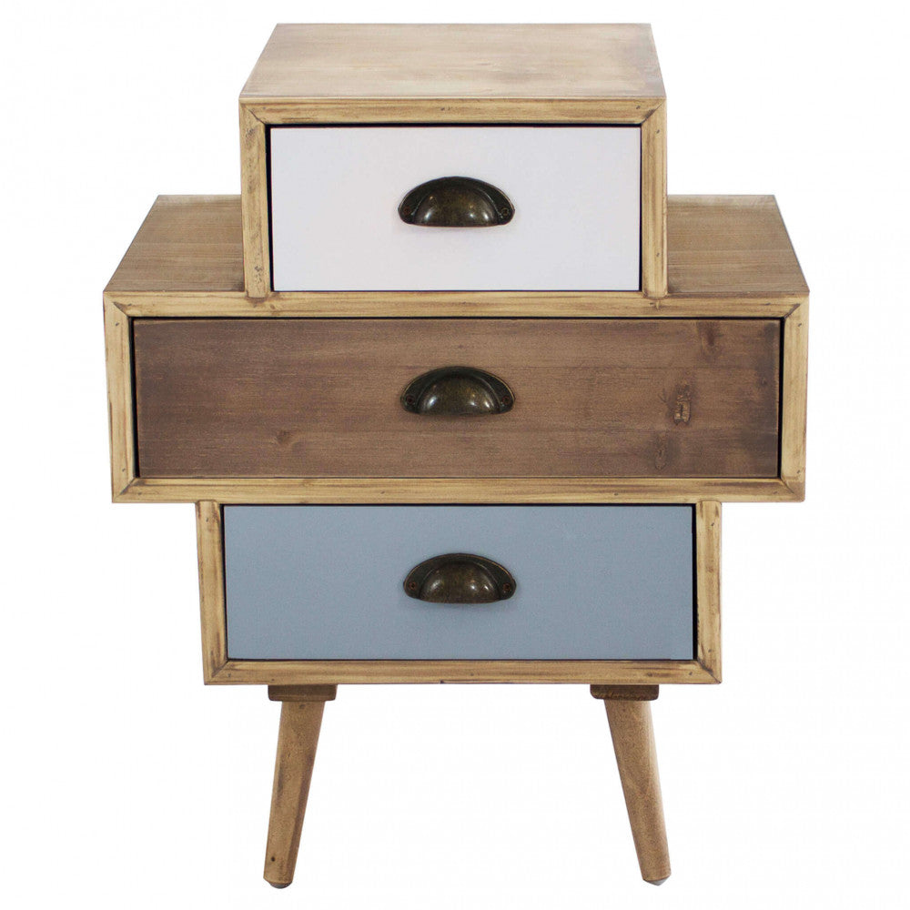 Dettaglio frontale della cassettiera Victoria evidenziando la texture del legno MDF e il design asimmetrico dei cassetti.