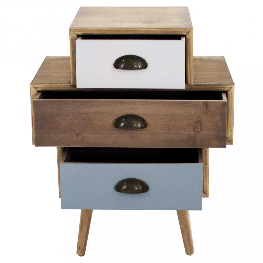 Cassettiera Victoria con il cassetto superiore bianco e quello inferiore azzurro aperti mettendo in risalto la struttura robusta.