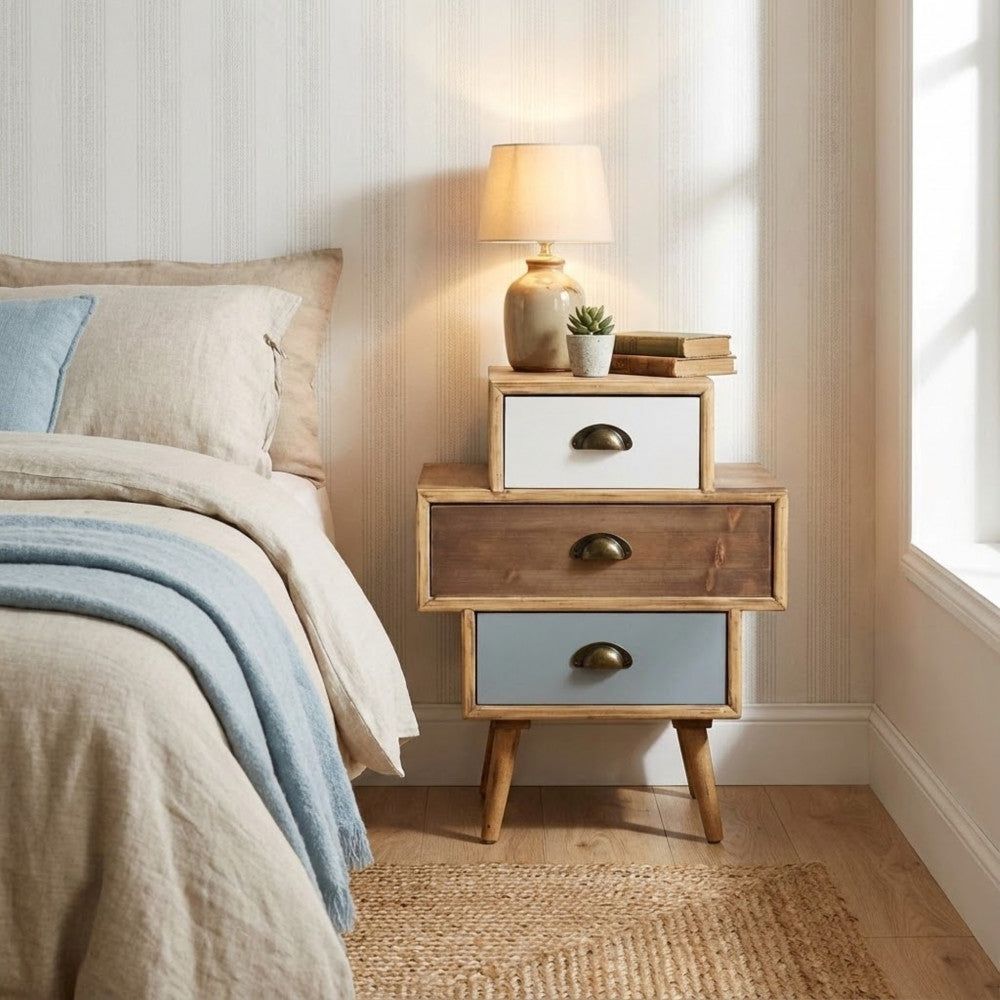 Cassettiera Victoria utilizzata come comodino in una camera da letto elegante accanto a un letto con coperte in lino.