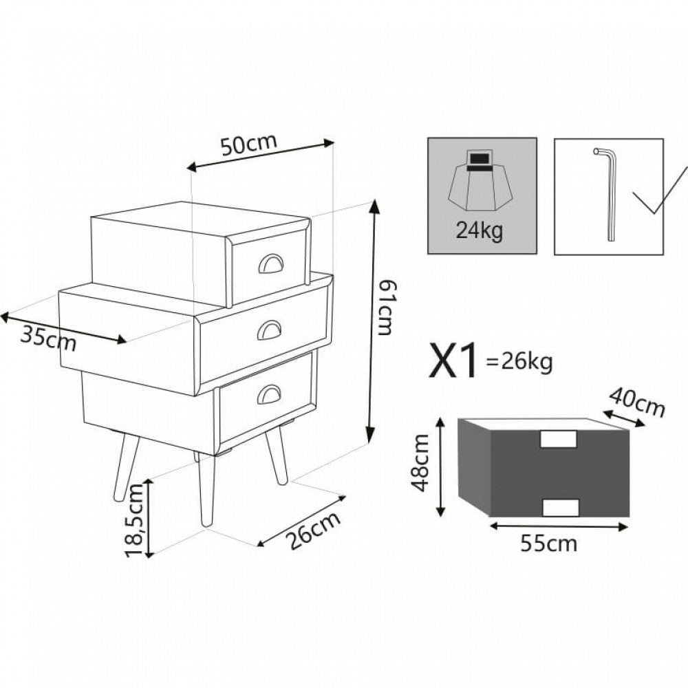 Disegno tecnico della cassettiera Victoria con dimensioni dettagliate di 50x35x61 cm e peso di 24 kg.