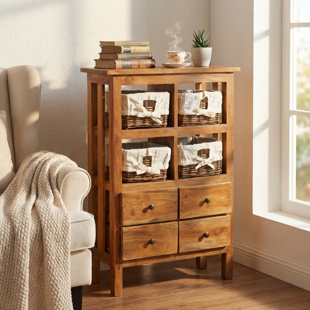 Credenza Warwick in legno riciclato con cesti in rattan e cotone, ambientata in un salotto luminoso accanto a una poltrona.