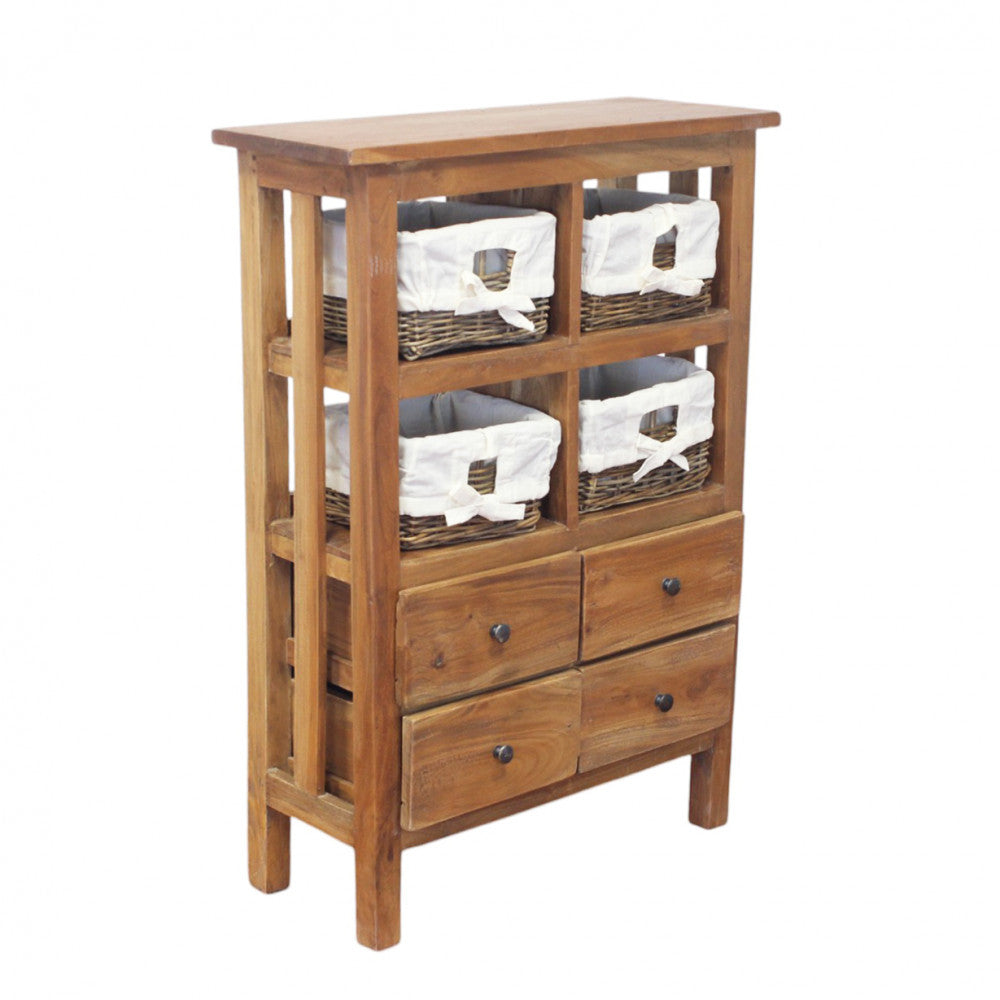 Vista frontale della credenza Warwick isolata su sfondo bianco, che mostra i quattro cassetti e i quattro cesti in rattan.