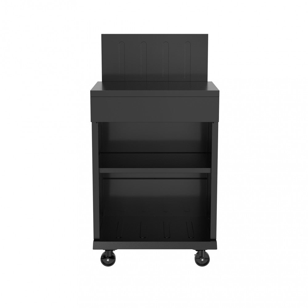 Vista frontale del modulo per cucina outdoor in metallo nero su ruote, con ripiani vuoti e pannello paraschizzi.