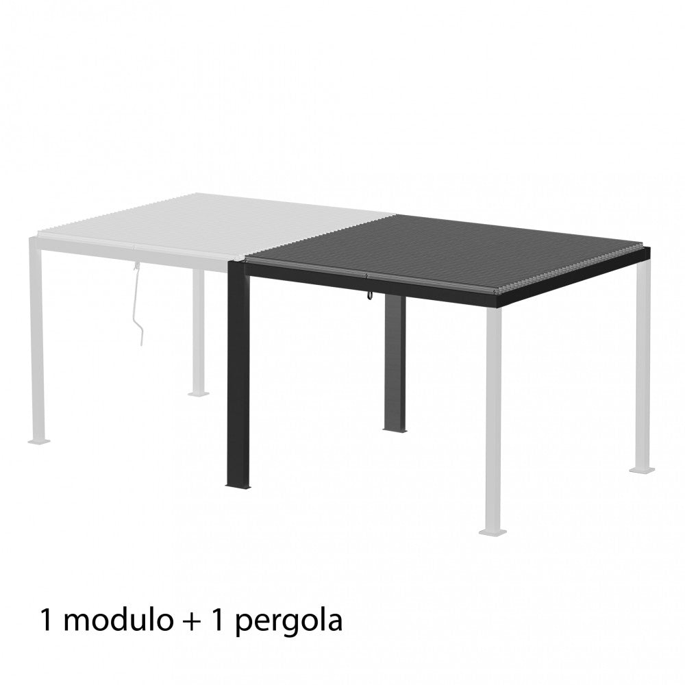 Schema tecnico che illustra l'unione di un modulo aggiuntivo antracite a una pergola principale bianca.