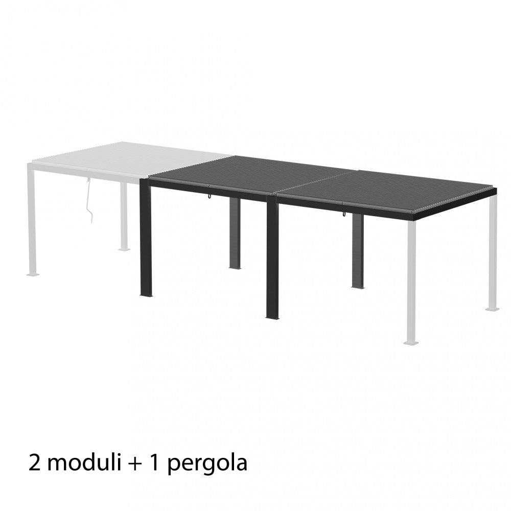 Schema tecnico che mostra l'integrazione di due moduli aggiuntivi antracite a una pergola principale bianca.