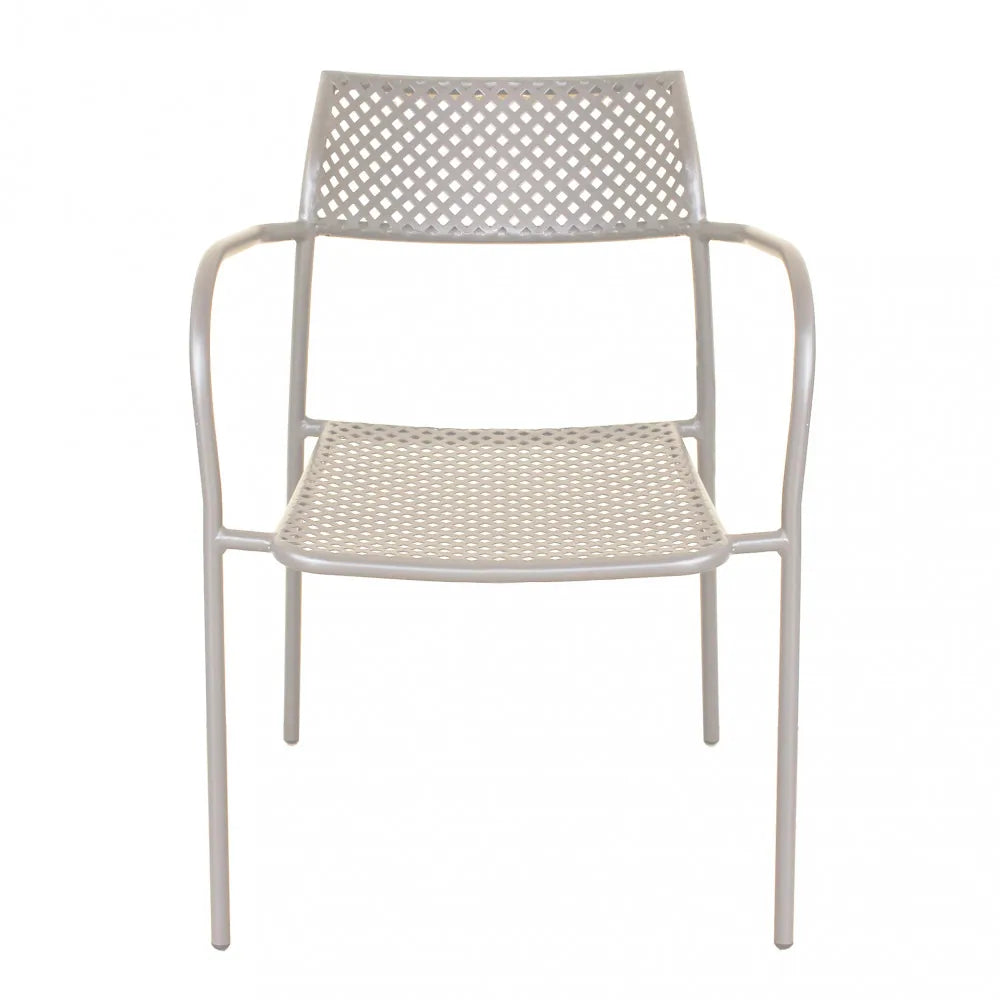 Poltrona Windsor impilabile Tortora in metallo verniciato a polvere, design elegante per esterni e contract, vista frontale