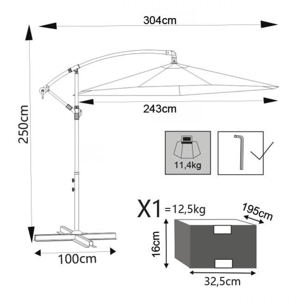 Disegno tecnico dell'ombrellone Almeria con quote dimensionali, indicante un'altezza di 250 cm, larghezza totale di 304 cm e telo da 243 cm.