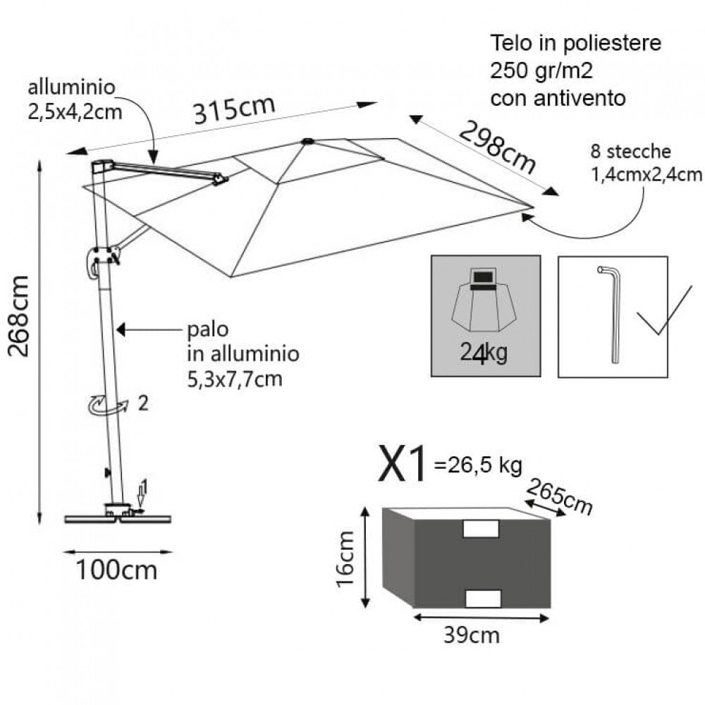 Disegno tecnico dell'ombrellone Pitagora con misure dettagliate della struttura in alluminio e del telo in poliestere.