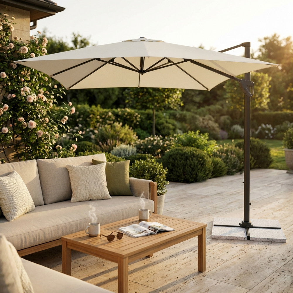 Ombrellone Darwin 3x3 con telo ecrù aperto su un patio elegante con divano in tessuto.
