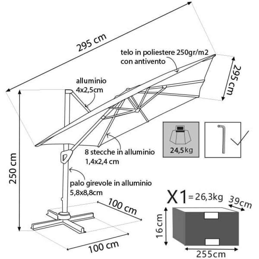Disegno tecnico dell'ombrellone Darwin 3x3 con misure e specifiche strutturali.