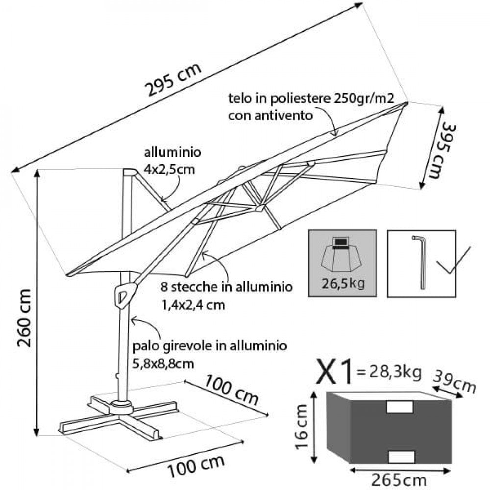 Disegno tecnico dell'ombrellone Darwin con misure dettagliate di 295x395 cm e specifiche dei materiali.