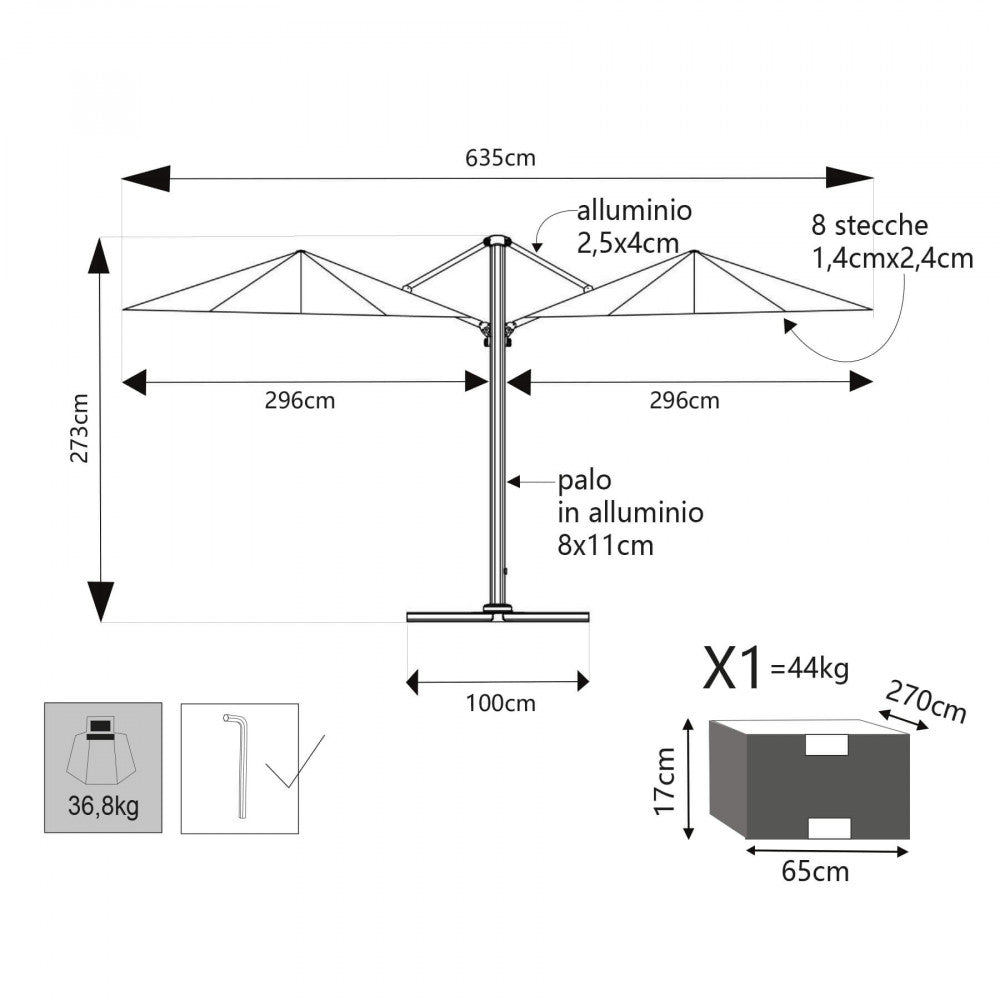 Disegno tecnico con le dimensioni dettagliate dell'ombrellone doppio Archimede.