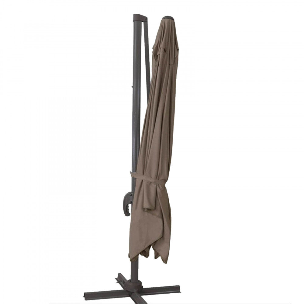 Ombrellone da esterno Nettuno Lux con telo taupe, che mostra il sistema antivento e il palo girevole.