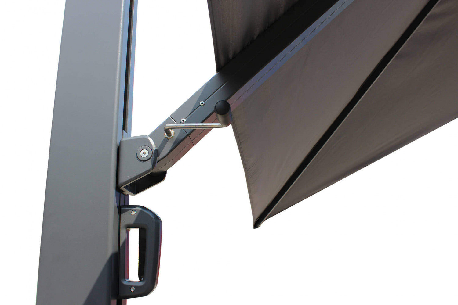 Ombrellone da giardino Zeus 4x4 metri con telo grigio scuro e struttura antracite, con base a ruote.