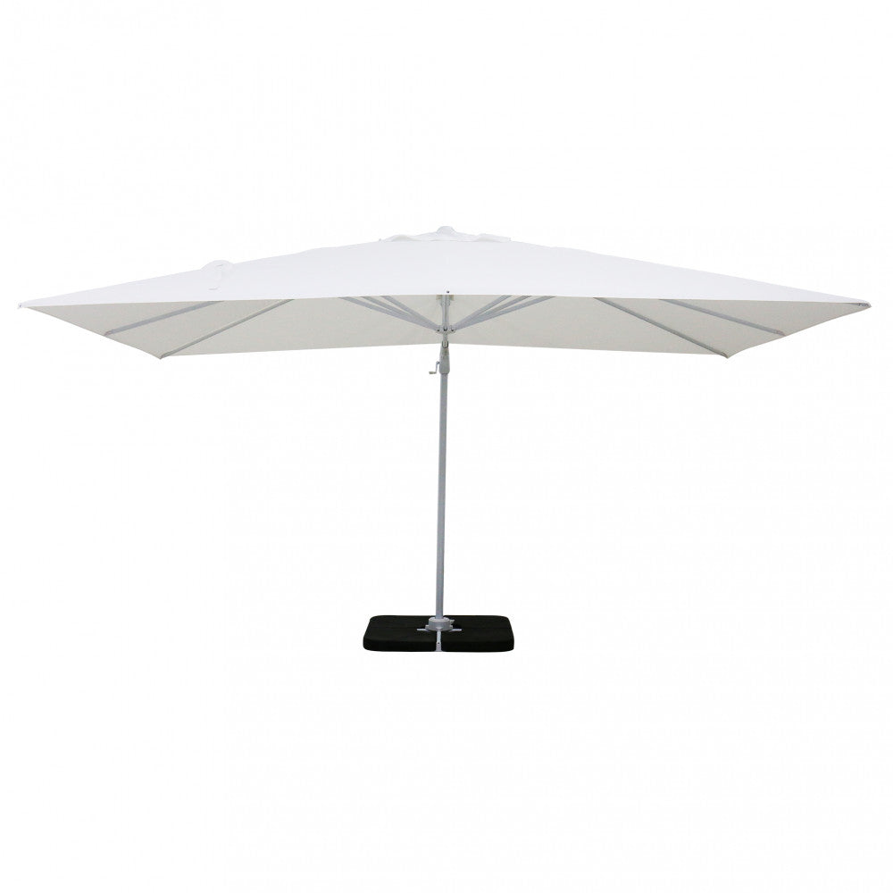 Vista frontale dell'ombrellone Hamel 3x4 bianco con base a croce e contrappesi.