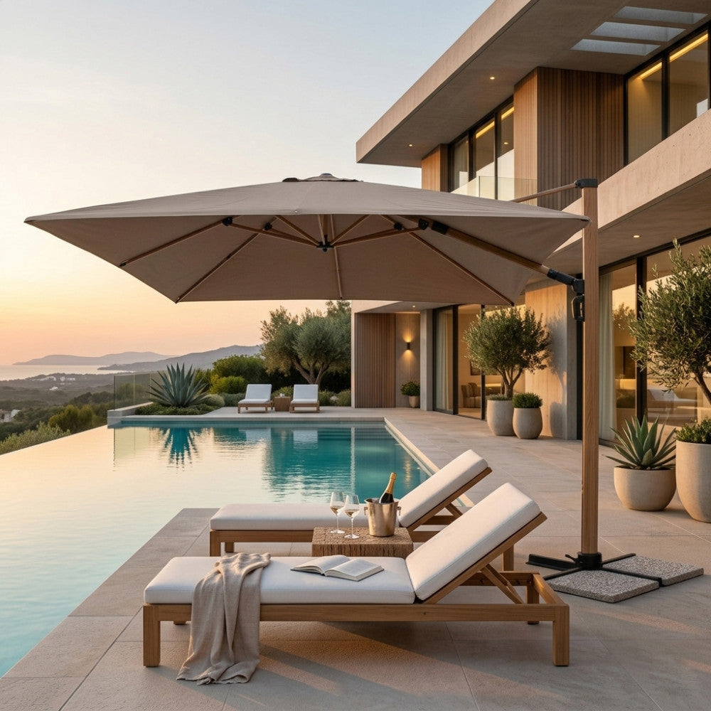 Ombrellone a palo laterale Melik aperto su una terrazza di lusso con piscina.