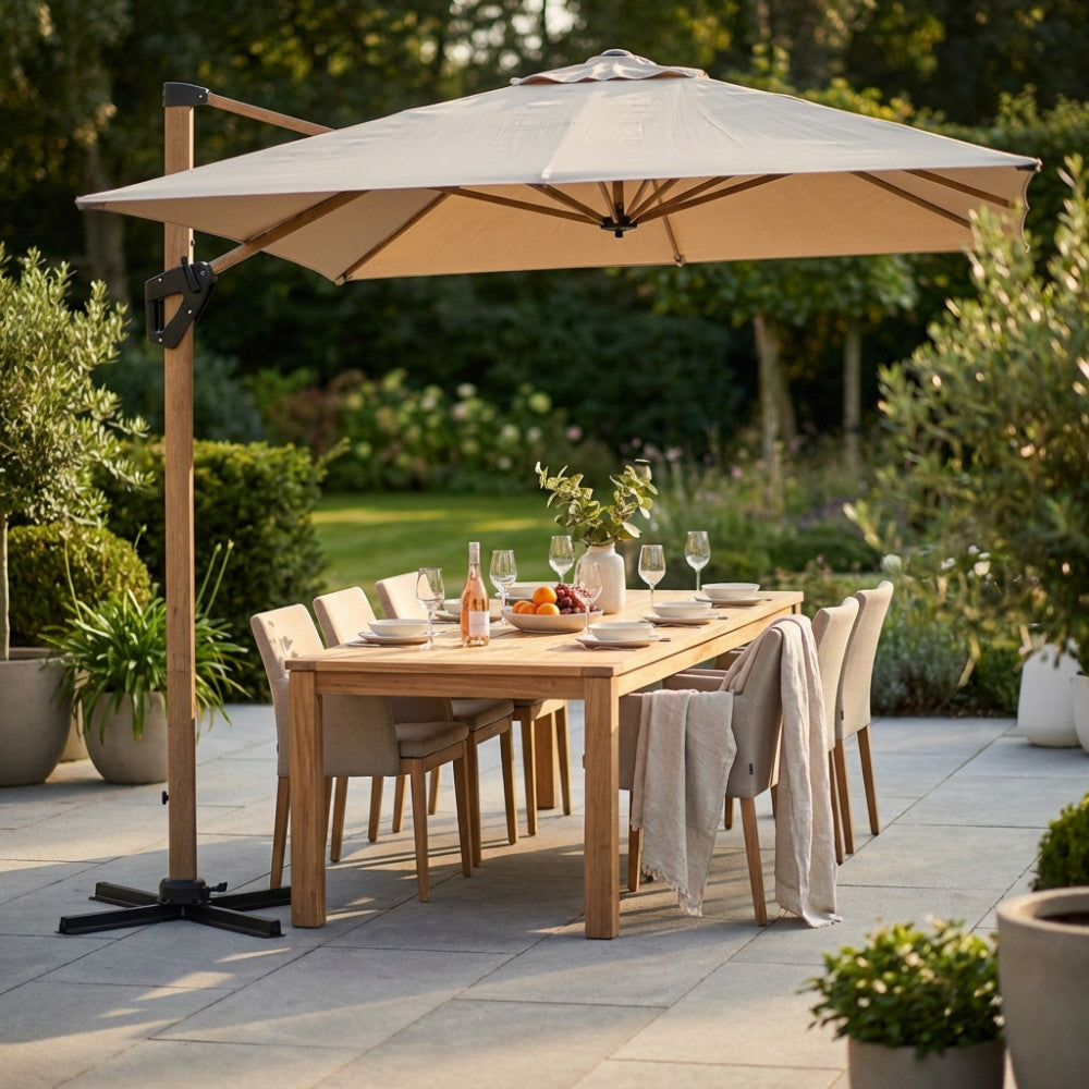 Ombrellone Mendel in alluminio effetto legno che copre un grande tavolo da pranzo in teak in un giardino rigoglioso.