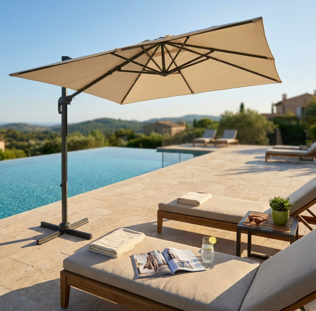 Ombrellone a palo laterale Newton con telo ecrù aperto a bordo piscina, illuminato dalla luce naturale.