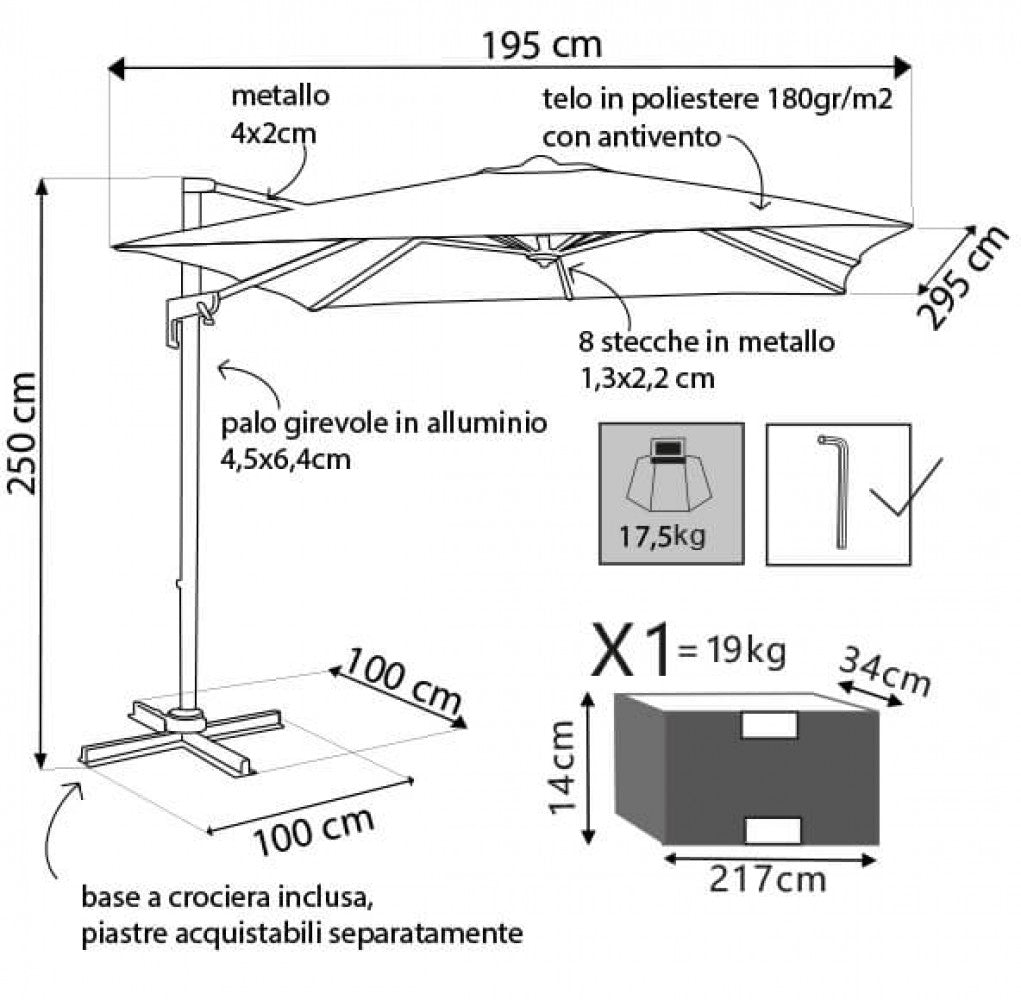 Disegno tecnico dell'ombrellone con dimensioni dettagliate: telo 195x295 cm, altezza 250 cm e base 100x100 cm.