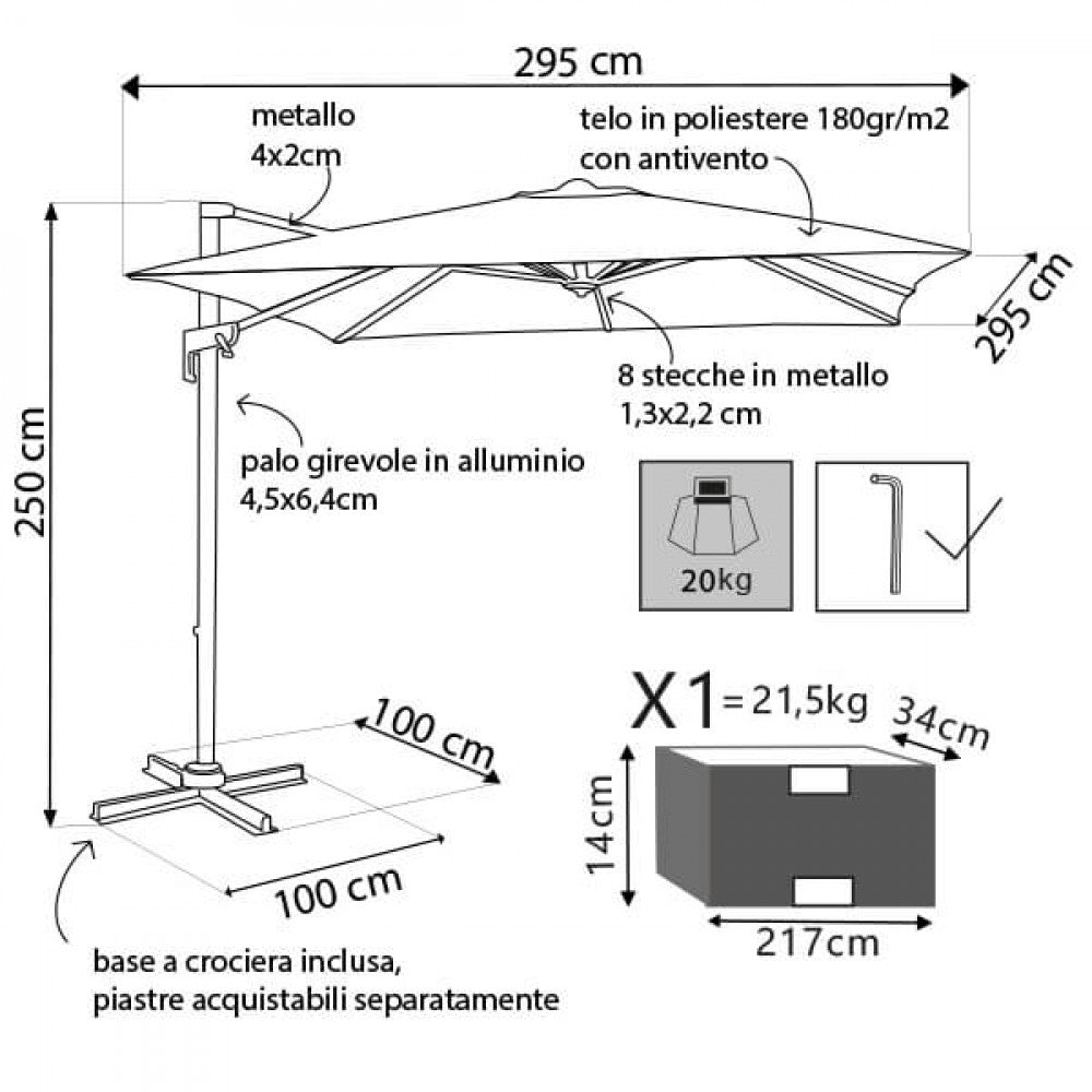 Disegno tecnico dell'ombrellone Newton con misure dettagliate di altezza, larghezza e dimensioni della base.