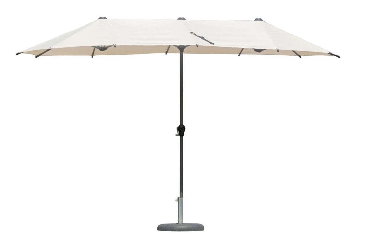 Ombrellone ovale 4x2 metri con palo laterale in alluminio e telo beige.