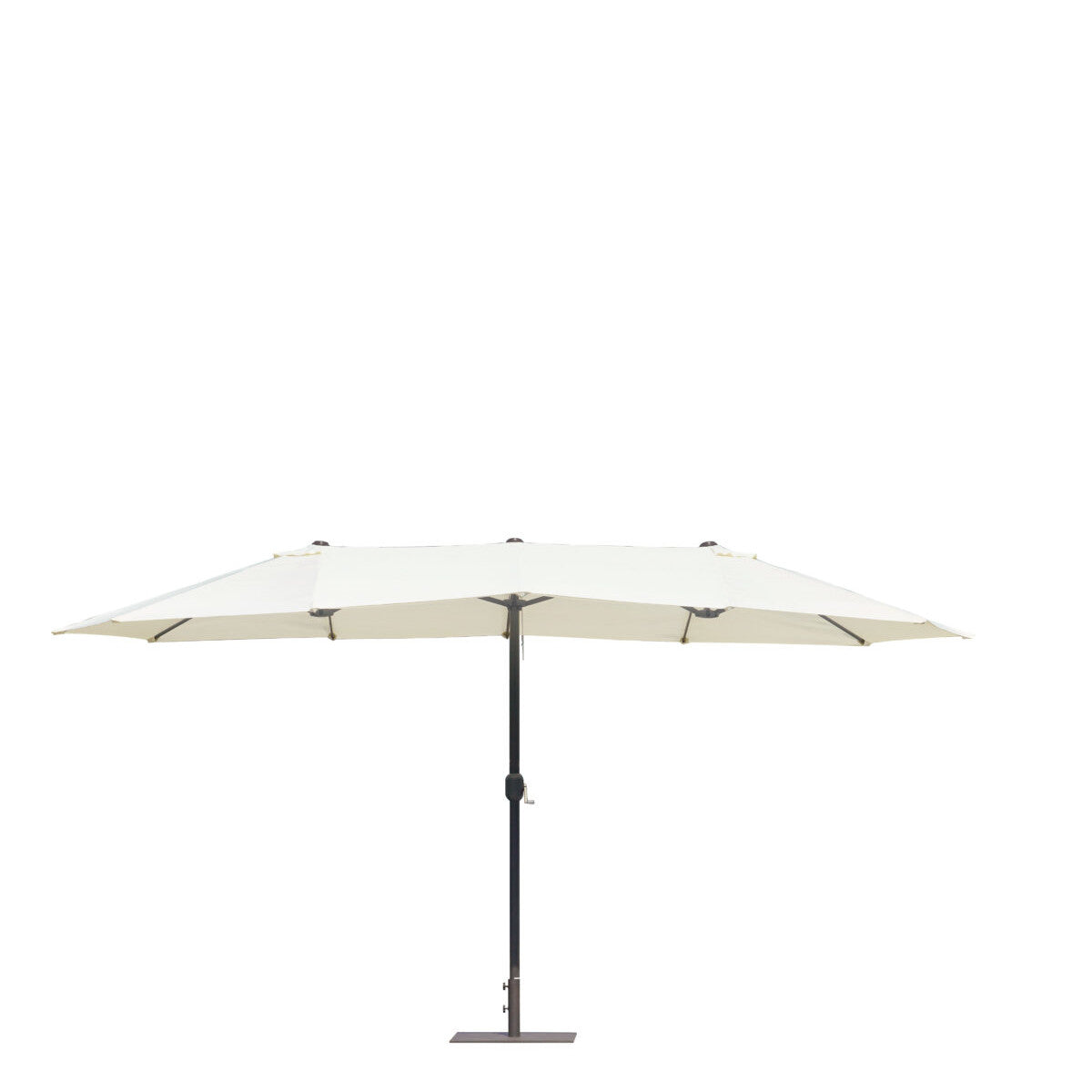 Ombrellone ovale grande 4.5x2.7 metri con palo laterale in alluminio e telo beige.