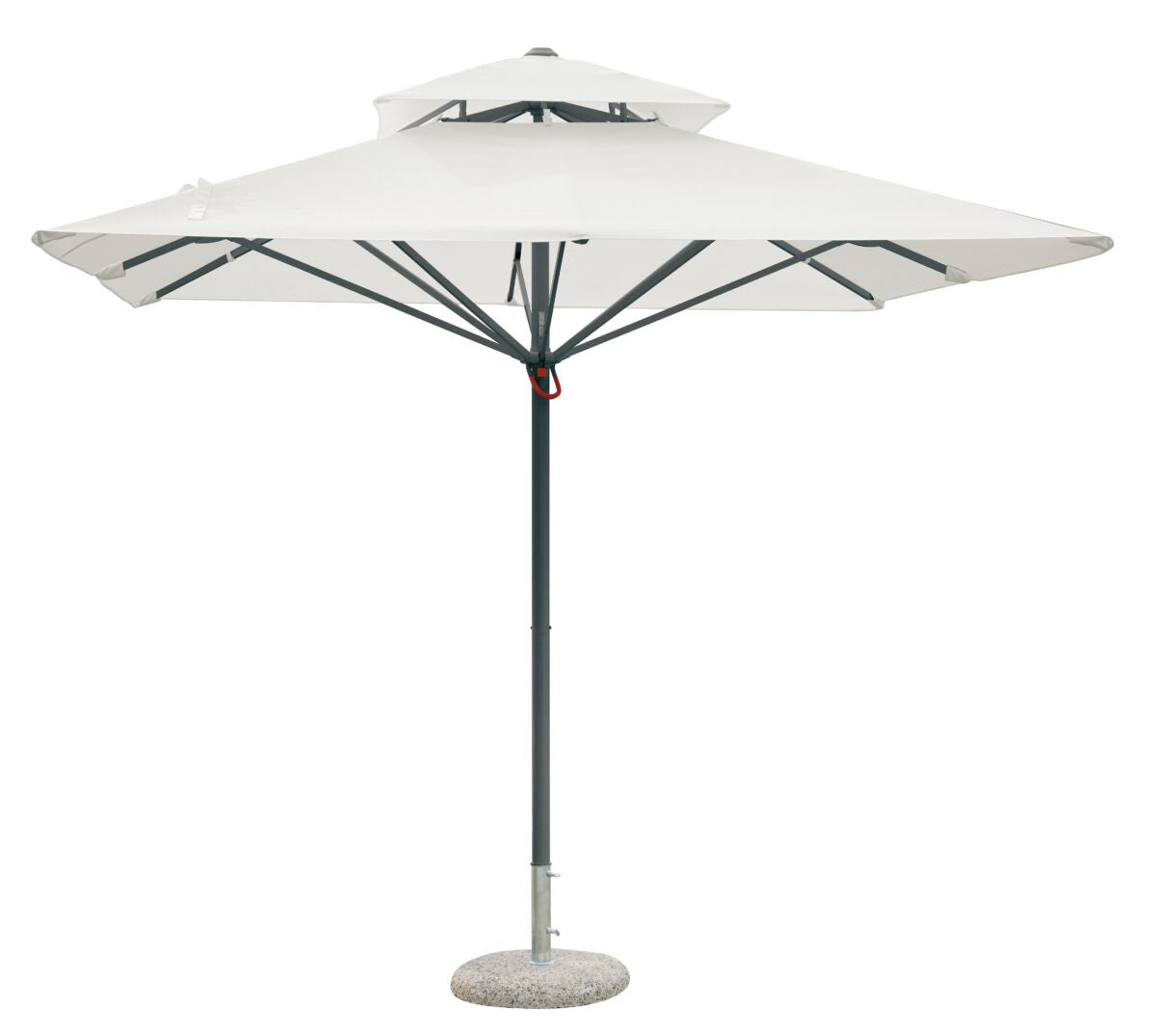 Ombrellone quadrato 4x4 metri grigio con palo centrale in alluminio per grandi spazi.