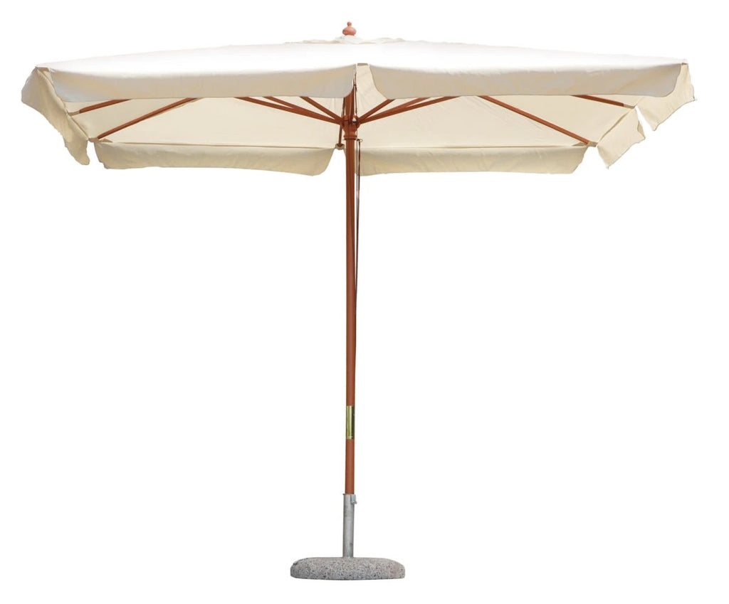 Ombrellone rettangolare 3x2 metri in legno naturale con telo beige.