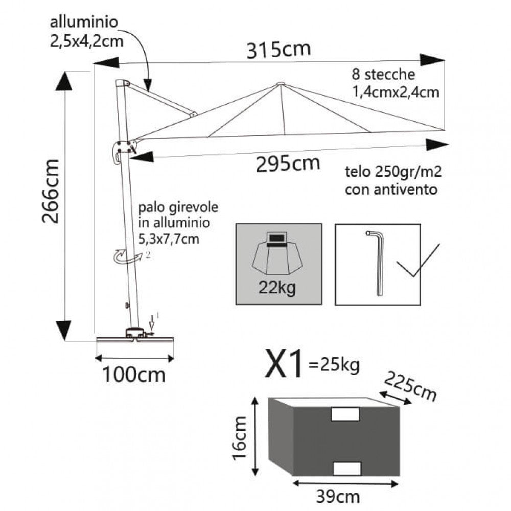 Disegno tecnico dell'ombrellone Saturno con dettagli delle dimensioni, altezza di 266 cm e specifiche della base e del palo.
